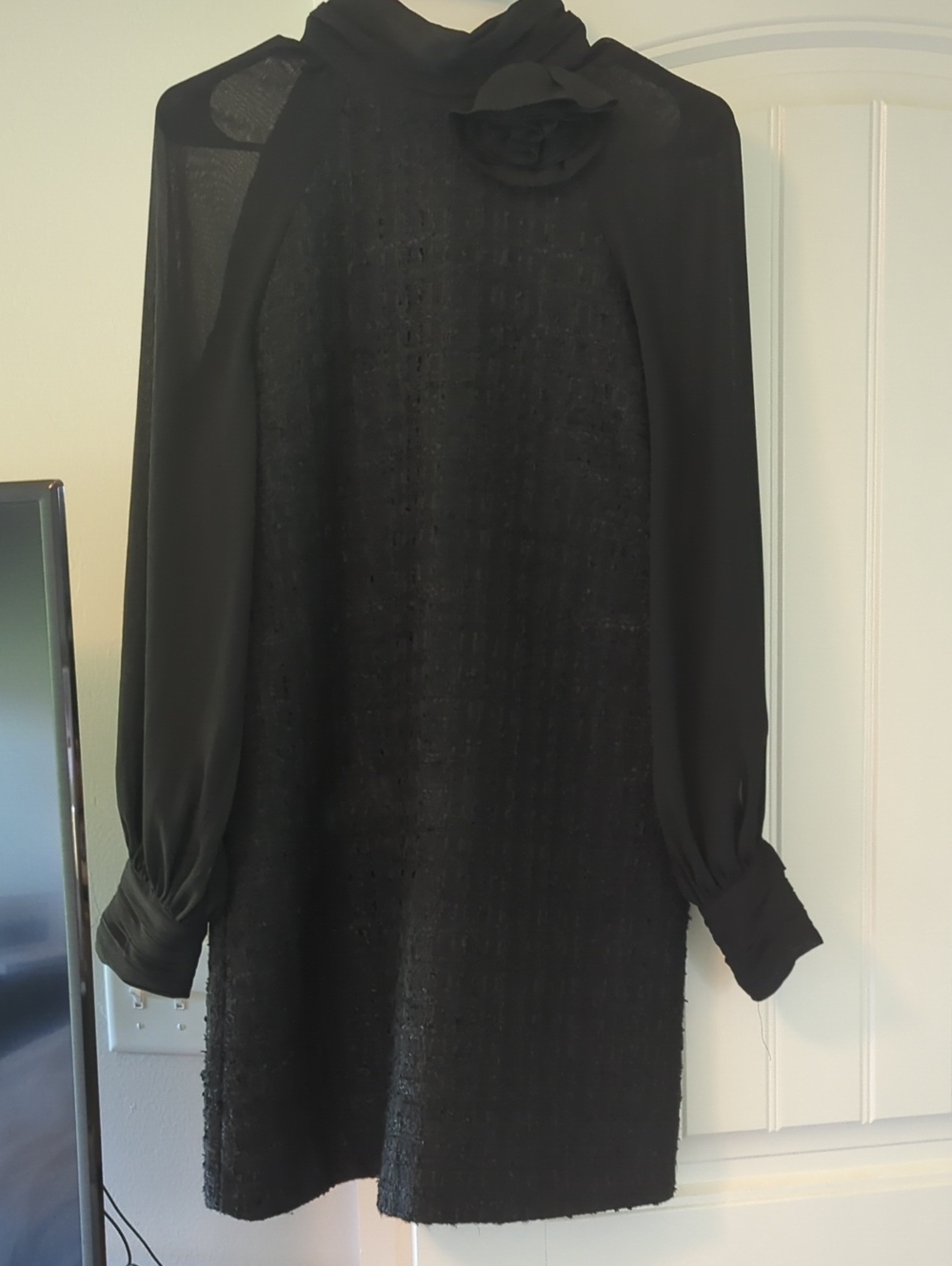 Zara Black Long-Sleeve Sheer-Yoke Shift Dress with Floral Neck Detail